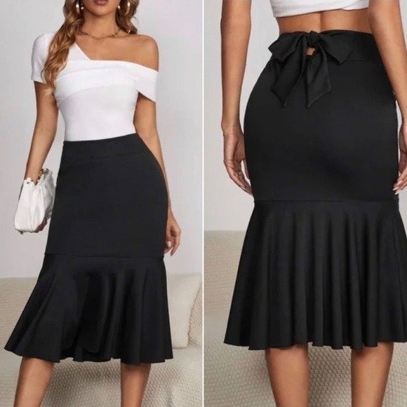 Dresses & Skirts - Black Ruffle Hem Midi Skirt Office Work